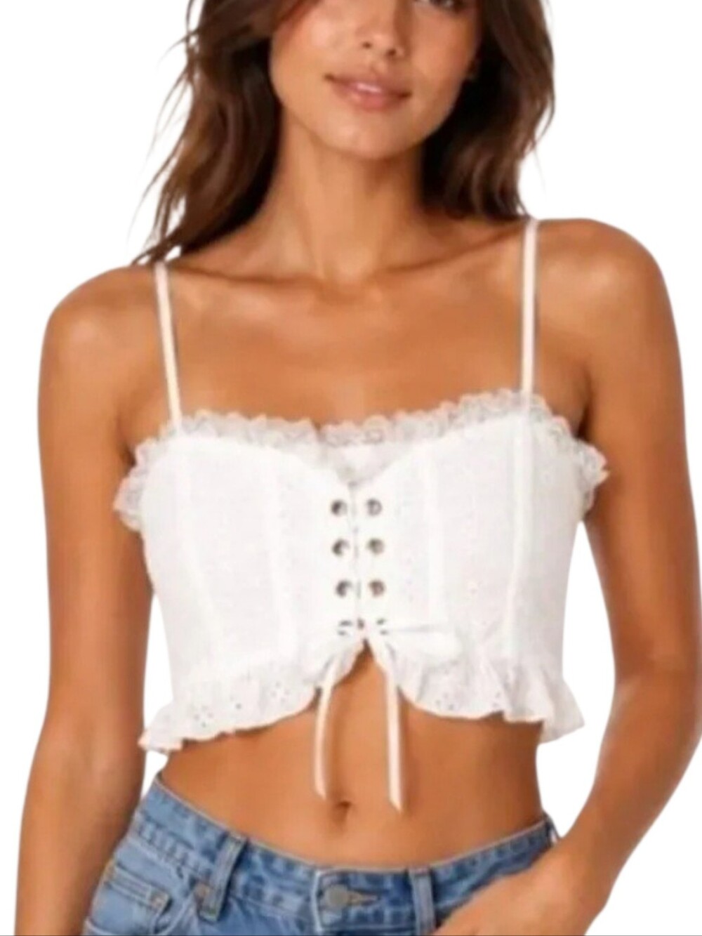 Altar'd State White Lace-Up Coquette Eyelet Corset Crop Top Sz L